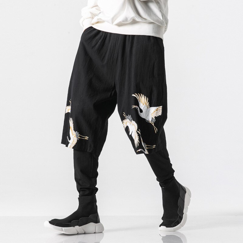 Style chinois traditionnel Kung Fu hommes sarouel Tai Chi coton lin grue imprimer japonais samouraï décontracté pantalon de Jogging en vrac