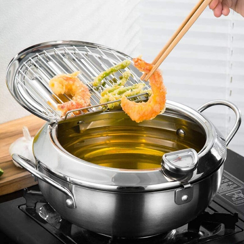 Deep Frying Pot with a Thermometer,Lid&Chopsticks Stainless Steel Kitchen Fryer Pan,Fryer Pan,Uncoated Fryer 24 cm