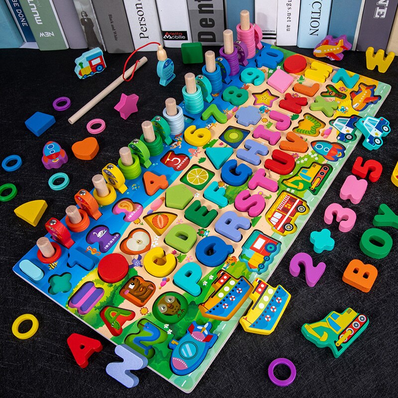 Montessori Educational Wooden Toys Number Letter Traffic Fishing Busy Board Children&#39;s Preschool Math Toy Counting Geometry