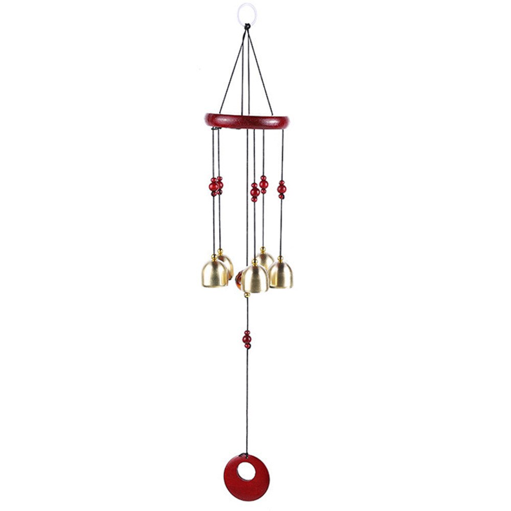 1pc massivt trä vind chimes mahogny rund platta 5 koppar klockor trä ornament dörr hängande innergård balkong hängande