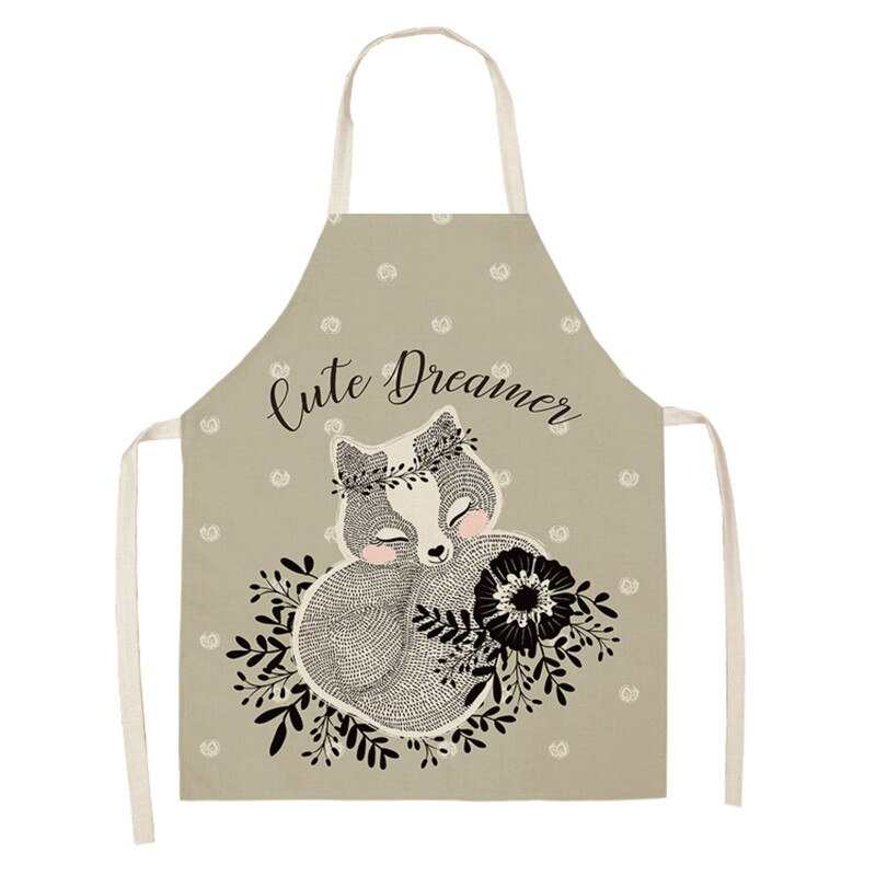Kawaii Vos Gedrukt Mouwloze Schorten Keuken Volwassen Vrouwen Katoen Linnen Dier Overgooier Thuis Koken Bakken Taille Bib 53*65cm: WQL0159-15