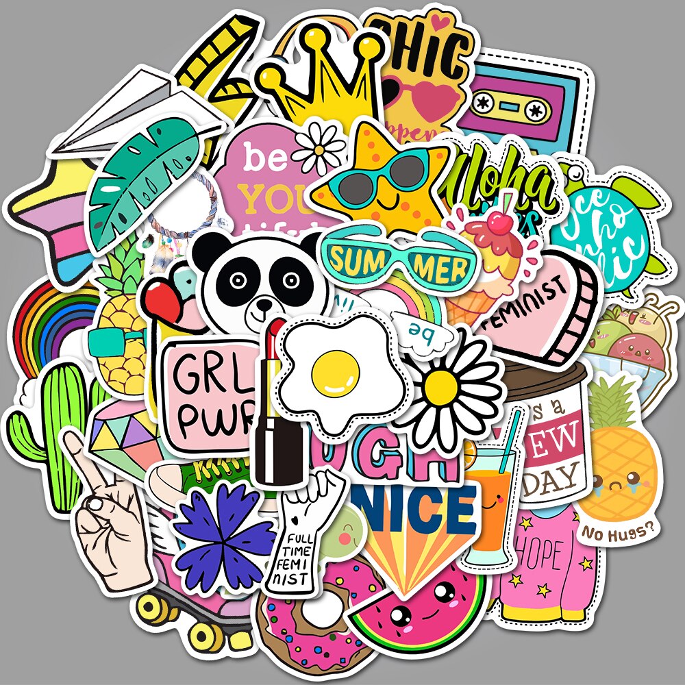 50 PCS Cartoon Simple VSCO Girls Kawaii Stickers For Chidren Toy Waterproof Sticker to DIY Laptop Bicycle Helmet Car Decals