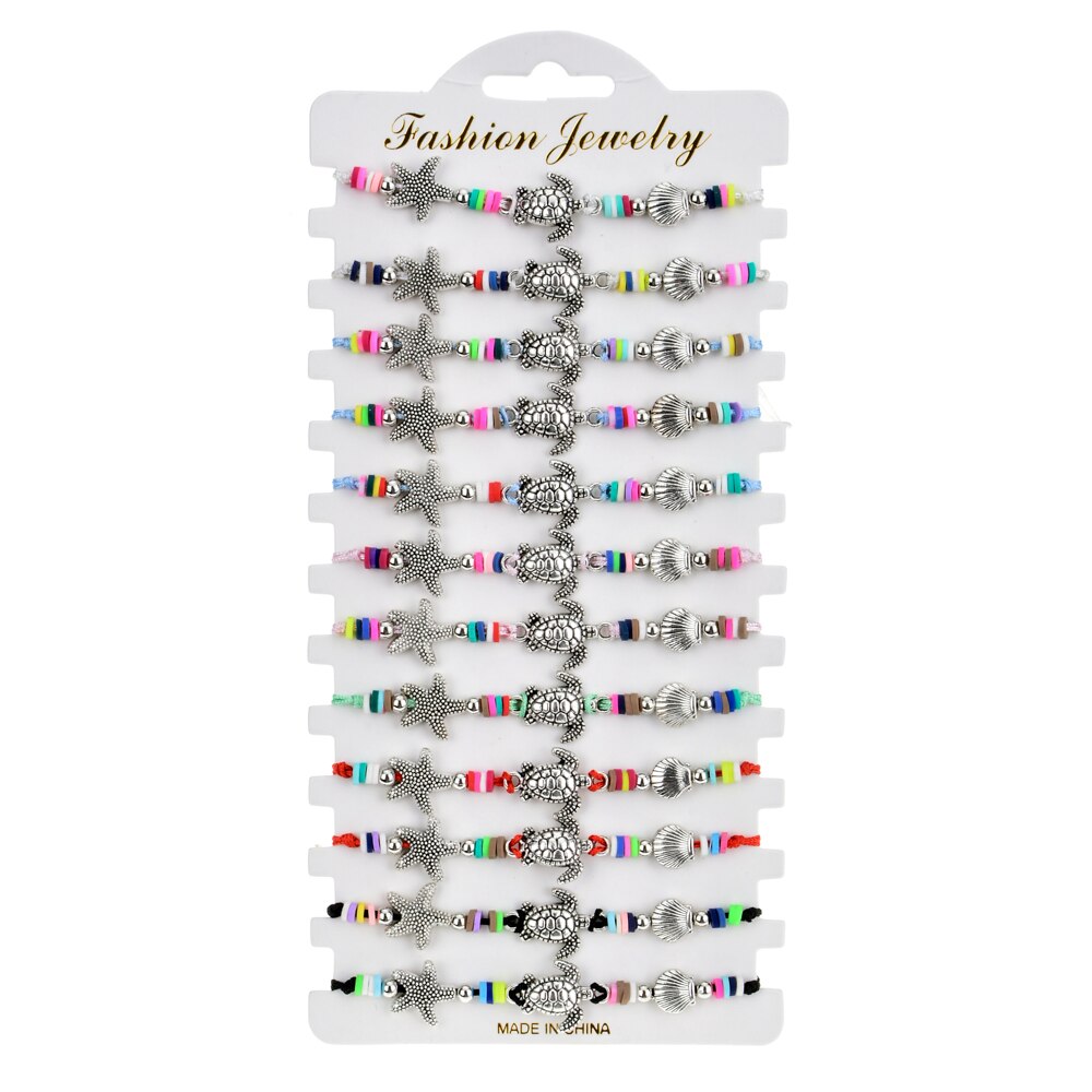 Conjunto de pulseras trenzadas con dijes de elefante para hombre y mujer, pulsera con cadena de cuerda ajustable, estrella de concha, joyería para Yoga, 12 unids/lote: Default Title