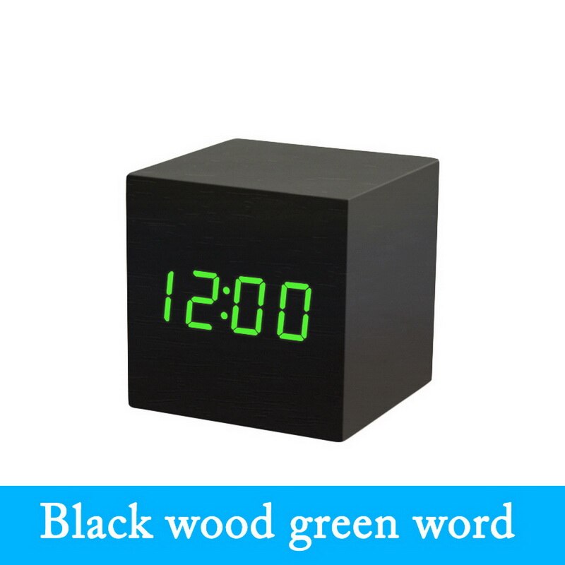 Digital Wecker Holz LED Alarm Zeit Anzeige Für Schlafzimmer Nacht Büro Kalender Temperatur LED-anzeige Holz Schreibtisch Uhr: E