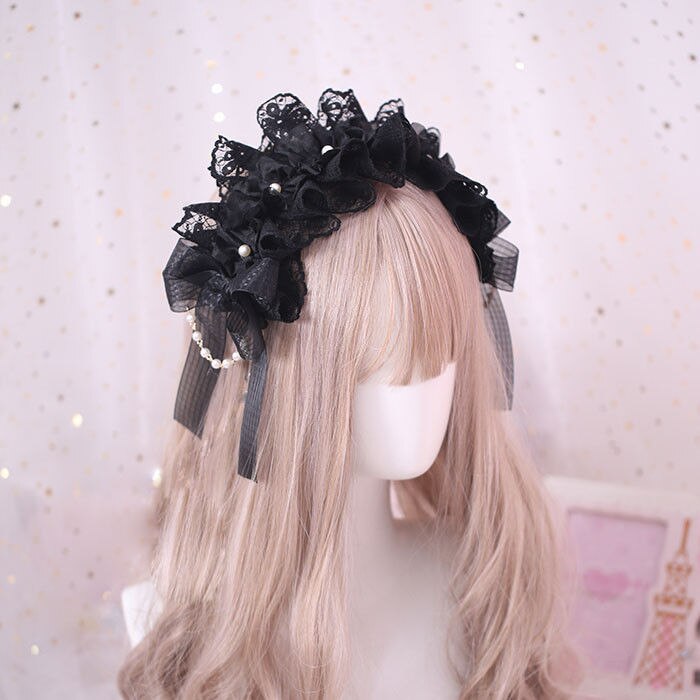 Diadema de estilo japonés gótico Lolita con lazo, accesorios para el cabello, banda para el cabello negra y roja, cadena de perlas hecha a mano: Negro