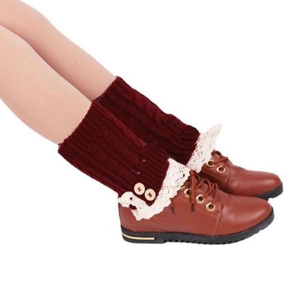Double Button Cable Knitted Boot Cuff Short Leg Warmer Womens Boot Socks Knitted Lace Trim Boots Accessories: red