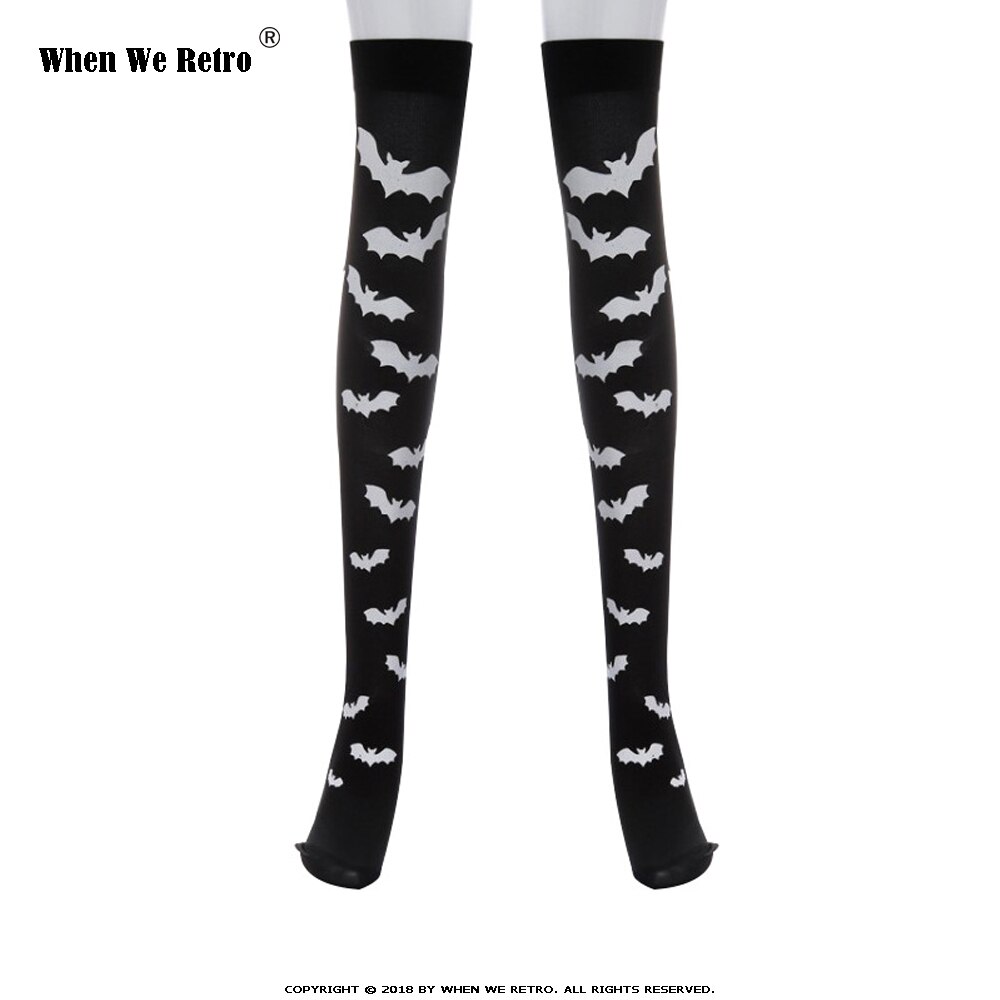 Wanneer we retro halloween skelet lange kniekousen kostuum vleermuis stippen print halloween cosplay zachte kous  qy0602: Qy0602-02