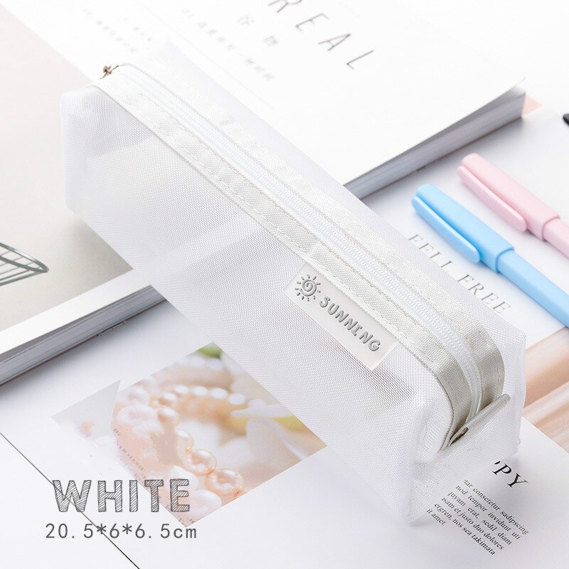 Bolsa de lápices de papelería transparente para examen de estudiante, estuche de bolígrafos de malla de nailon dedicado, bolsa de gran capacidad Unisex, suministros escolares: White