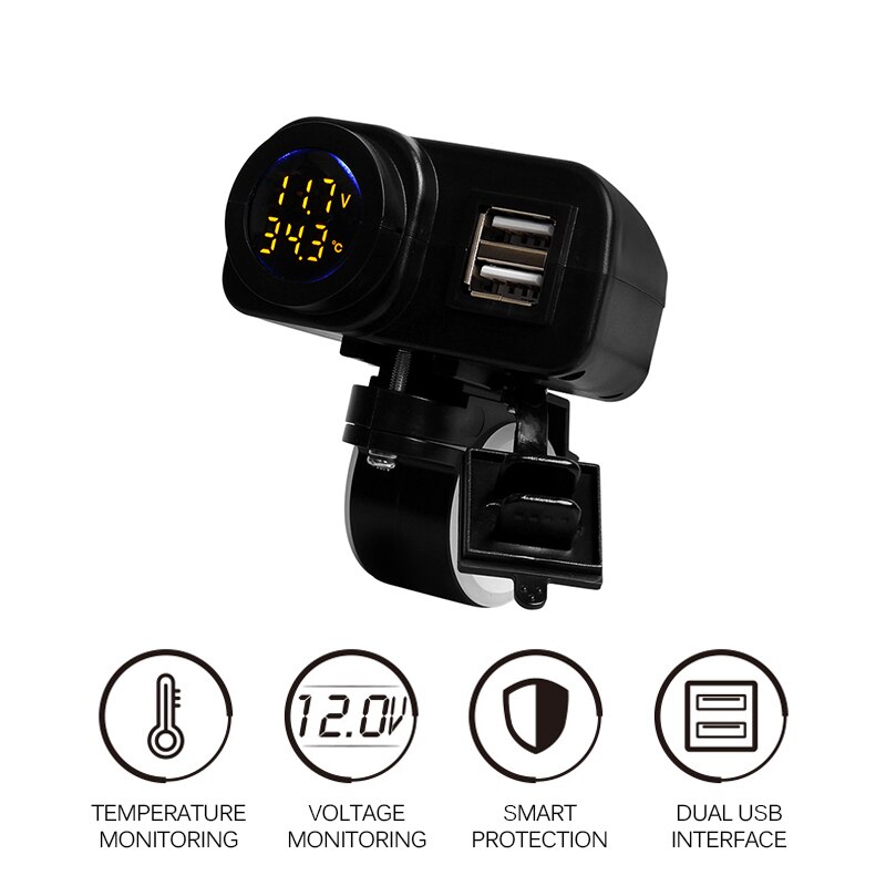 Motorcycle Digital Display Waterproof Phone Charger Dual USB Charger Voltmeter Thermometer For Cell Phone