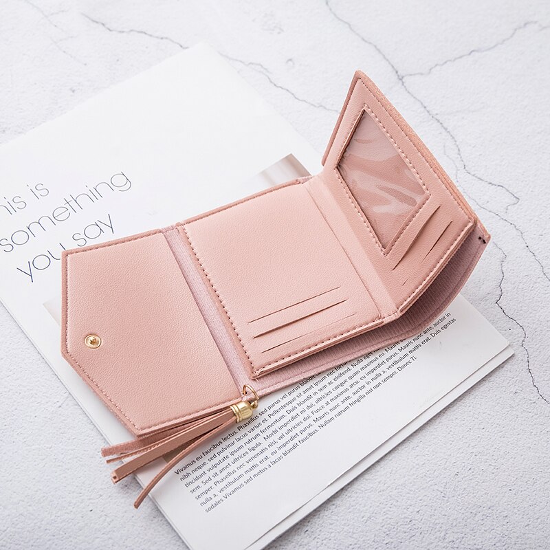 Trend Women Short Small Coin Purse Wallet Ladies PU Leather Folding Card Card Holder Tassel Decor Casual Bags