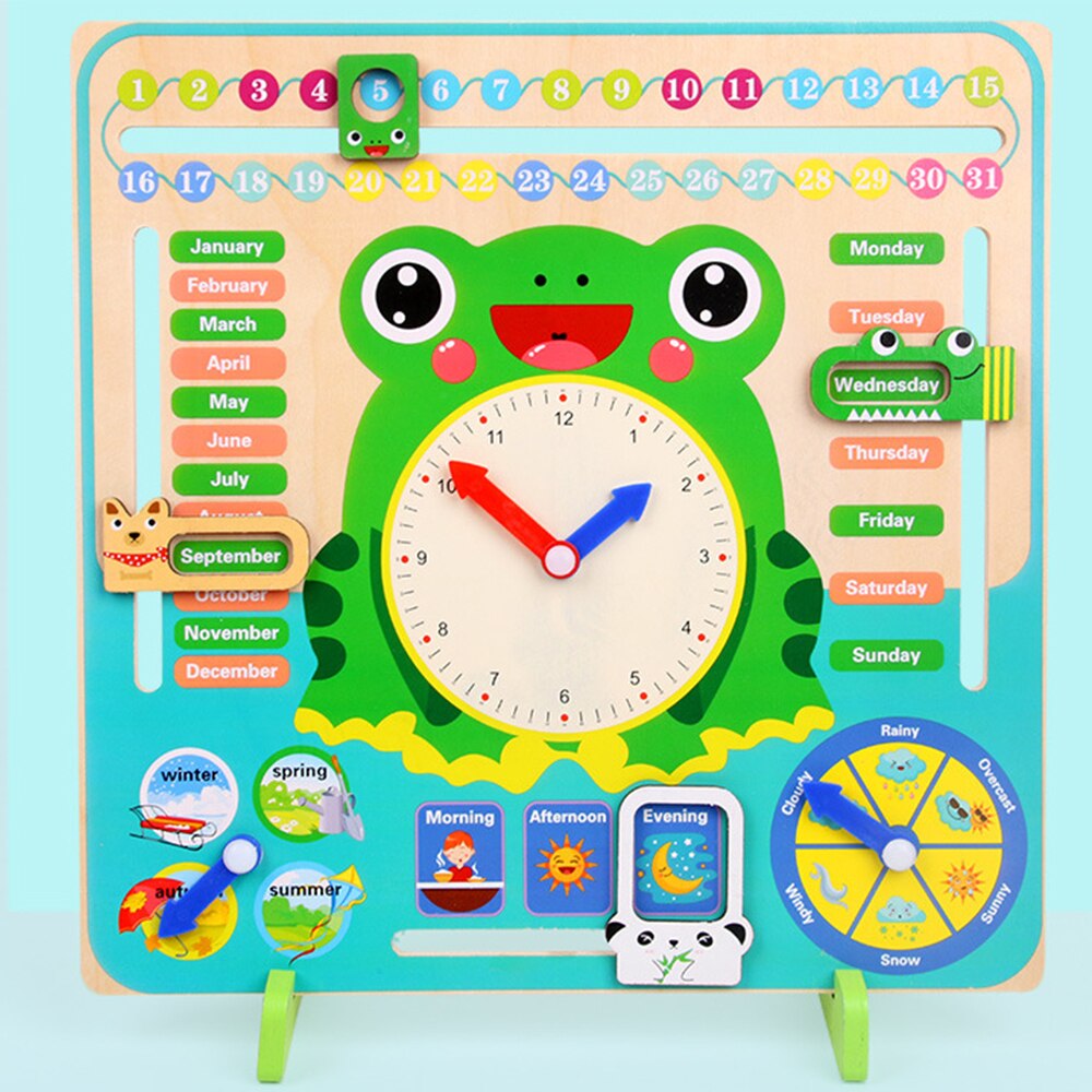 Wooden Cartoon Frog Calendar Clock Set Children Weather Time Cognitive Matching Toys Kids Early Learning Education Toys: Default Title