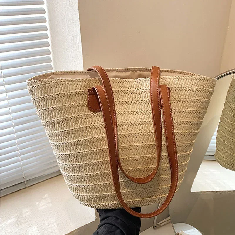 Bolso de mano de cesta trenzada para mujer, bolso de hombro portátil de paja grande, monederos de en la playa, bolso de compras femenino