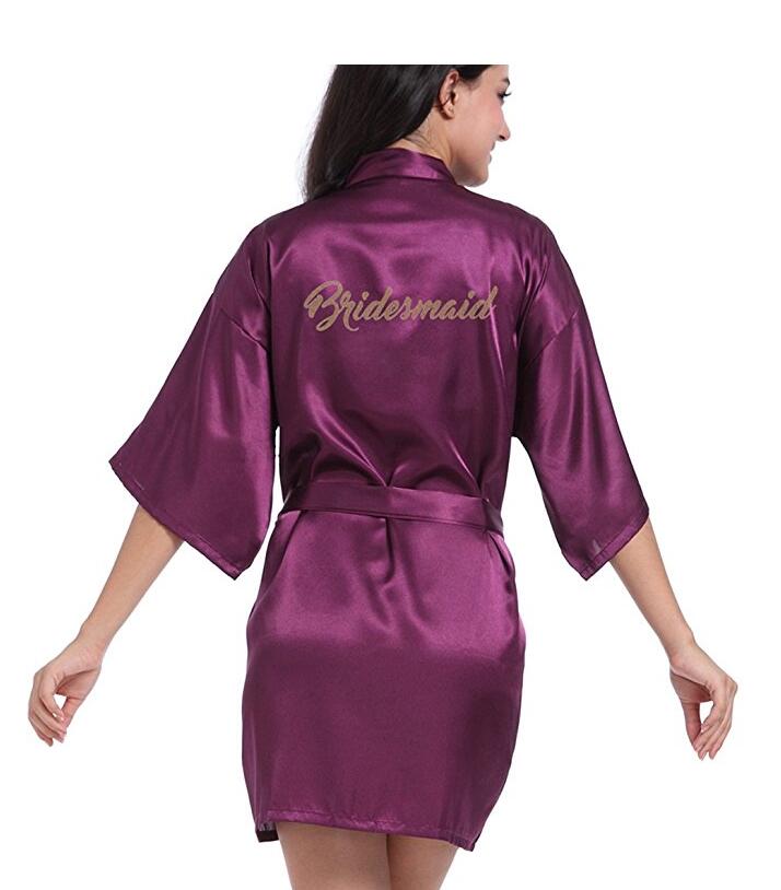 Rb91 sidenklänningar för brud och mor med guldbokstäver, sexiga kvinnor, korta satinklänningar för bröllop, kimono, sovplagg, gör dig redo, morgonrock: S / Lila