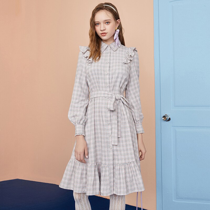 Artka Herfst Winter Vrouwen Jurk Elegante Ruches Plaid Shirt Jurken Lange Mouw Losse Lange Jurk Met Sjerpen LA22003D: M
