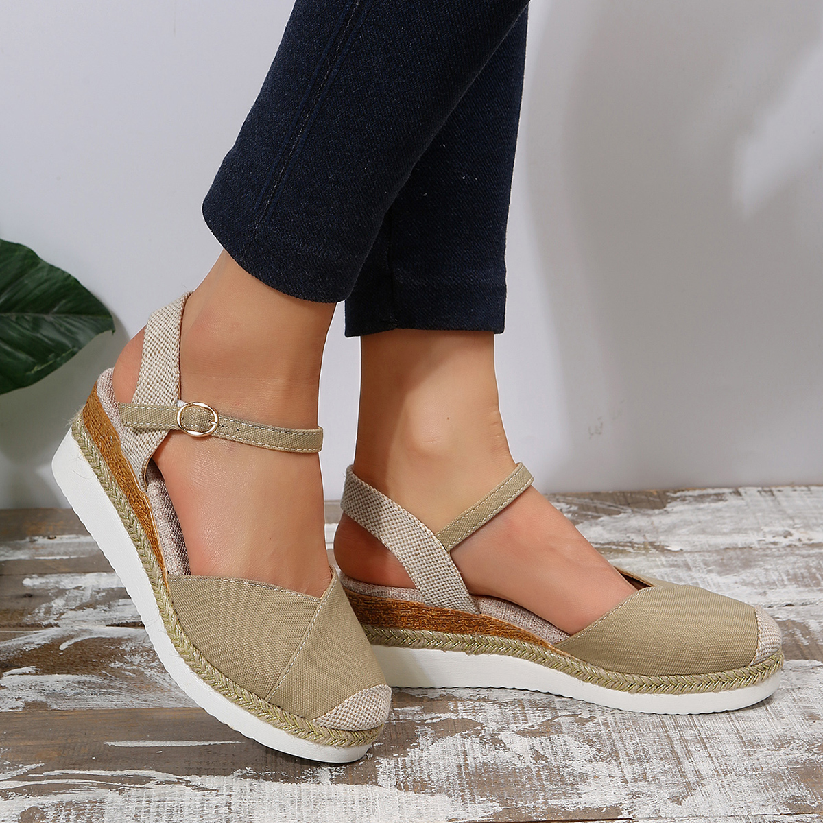 Sandalias de cuña con punta cerrada para Mujer, zapatos de gladiador con correa y hebilla, alpargatas de para Mujer, Sandalias con plataforma para Mujer 2024: Beige / 38