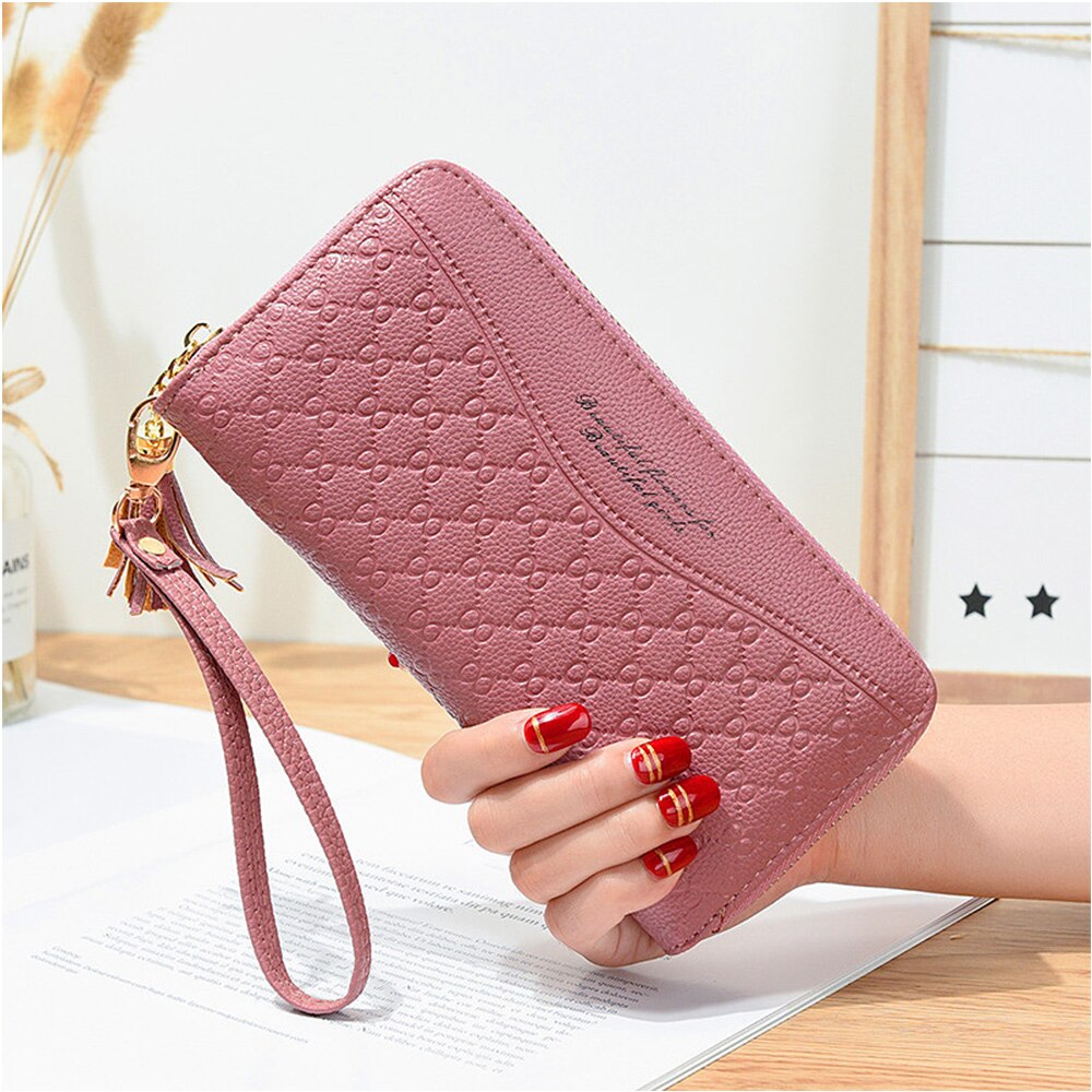 Style Zipper Women Wallet Long Clutch Bag Korean Version Small Double Wallet Standard Wallets Women PU Leather: Dark Pink