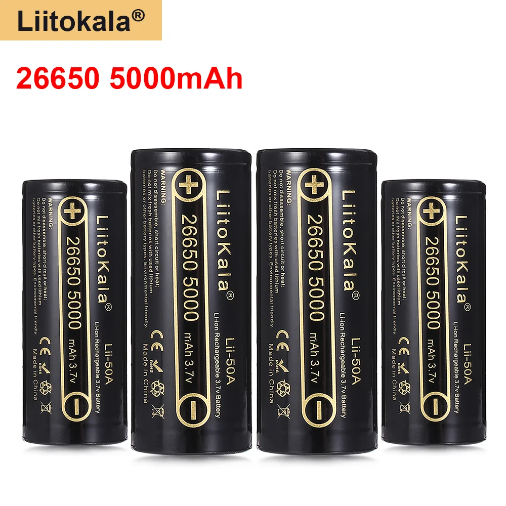 Høy kapasitet liitokala 26650 5000 mah 3.7v li-ion oppladbart batteri 26650-50a batteri til lommelykt 20a pakking