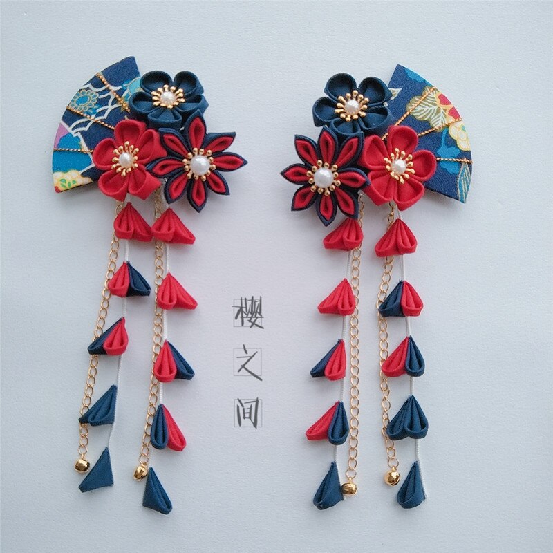 Épingle à cheveux japonaise Sakura, pince à cheveux, Tsumami zaiku pour Kimono Yukata Geisha, longues Barrettes à pompon, accessoires pour cheveux faits à la main, Cosplay