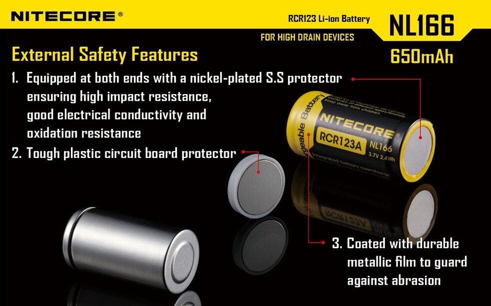 Nitecore – batterie Rechargeable au Lithium, 2 pièces/lot, NL166 16340, RCR123A, 3.7V, 650 wh, mAh,