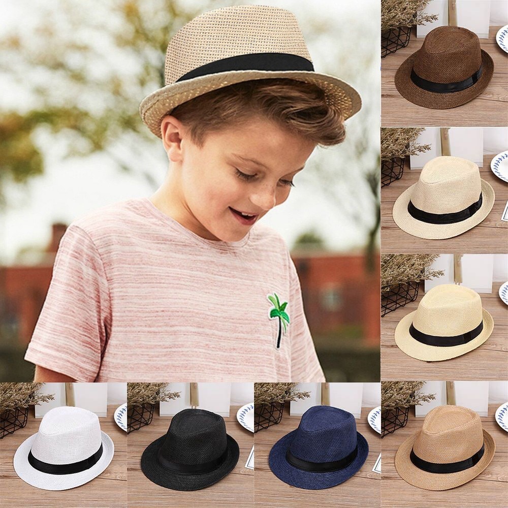 Kinder Sonnenhut Kinder Sommer Strand Stroh Hut Jazz Panama Trilby Fedora Hüte Britischen Cap Atmungsaktiv Baby Hüte Mädchen Jungen Sonnenblende