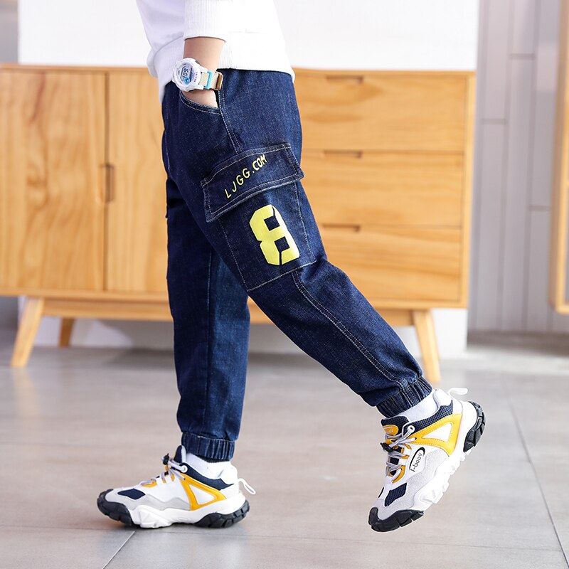 IENENS enfants Jeans décontractés automne Cargo pantalon 5-13 ans taille élastique pantalon enfants lettre jean garçons Denim pantalon