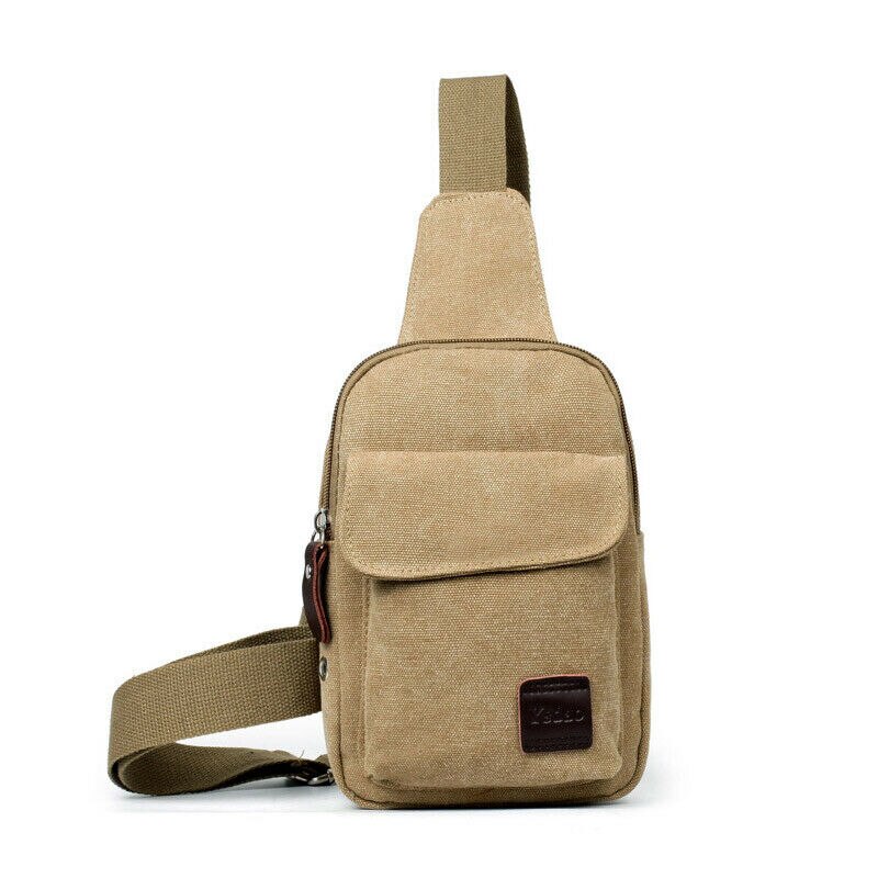 Men's Small Chest Sling Bag Travel Hiking Cross Body Messenger Shoulder Casual Solid Men Canvas Bag Handbag: Khaki