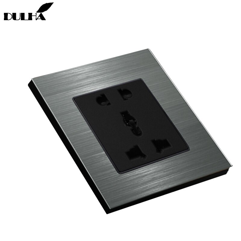 EU UK US Universal 5-Pins/hole Wall Socket, Multifuncational 5 Pin Electrical Plug Power Outlet, Luxury Brushed Aluminum Panel