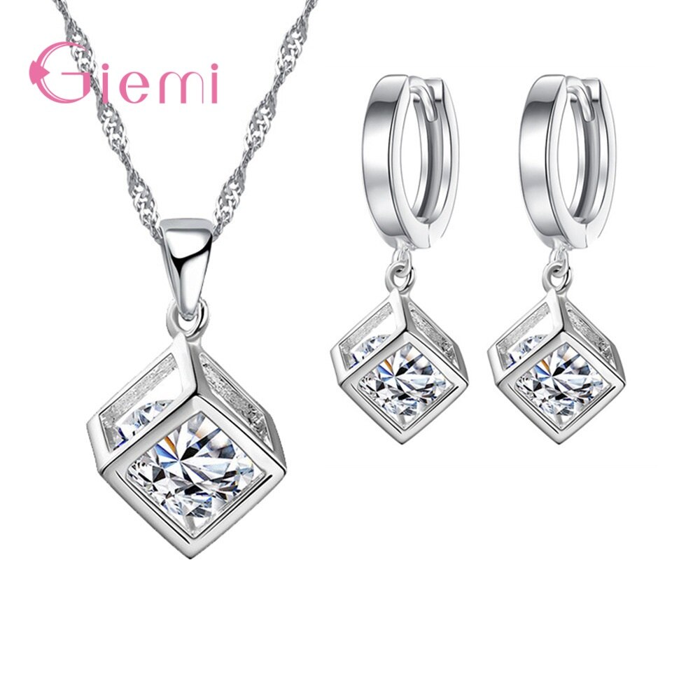 Conjuntos de joyería de cubo de Plata de Ley 925 para mujer, con personalidad creativa, colgante de circón cúbico, collar, Pendientes colgantes para mujer: Default Title