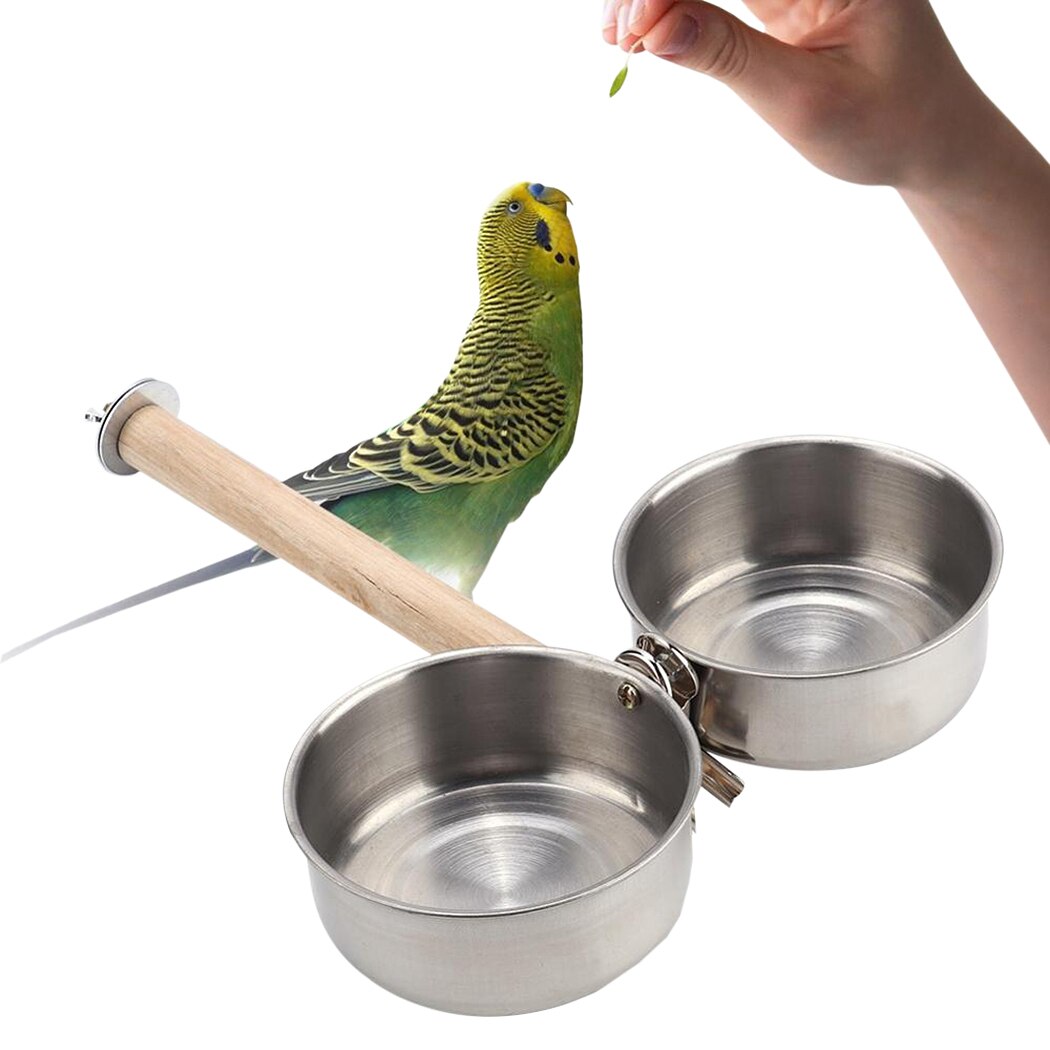 Bird Cage Bowl Set Double-bowl Parrot Cup Food Water Bowl with Perch Hanging Bowl Water Food Dish Pigeon Supplies: S