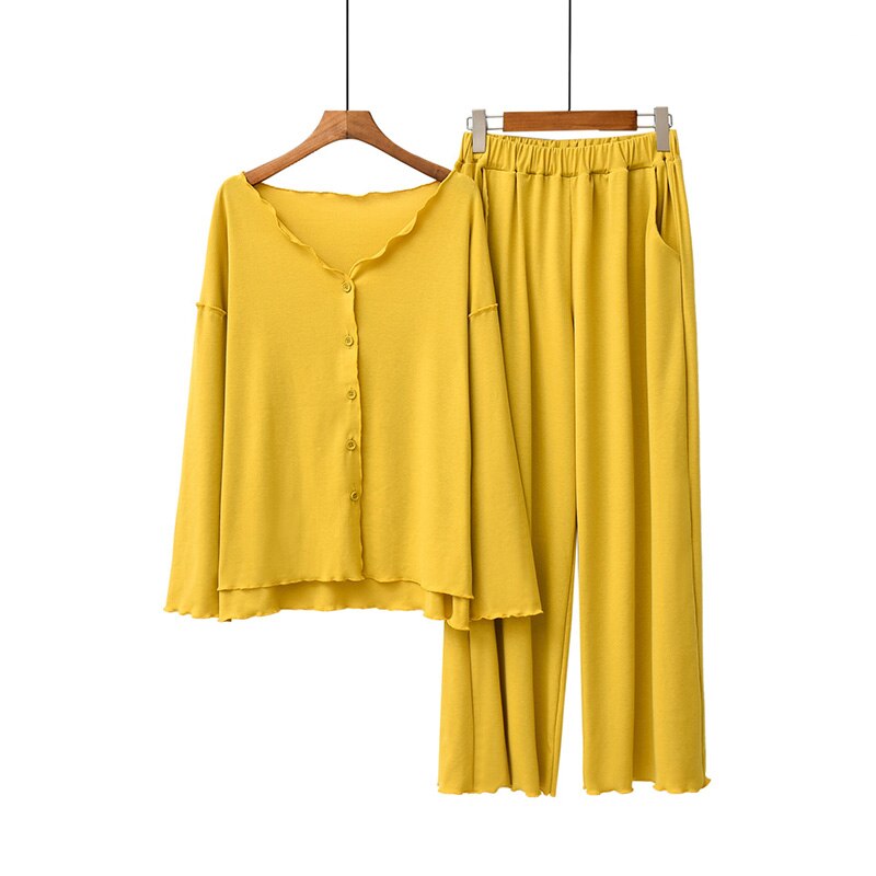 Efterår dame pyjamas sæt komfort ensfarvet kvinder sexet v-hals hjemmetøj 2 stk langærmet+bukser fritidstøj: Gul