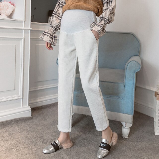 Winter Warm Velvet Maternity Pants Corduroy Pants For Pregnant Women Clothes Loose Thicken Abdominal Trousers Pregnancy Clothing: White / M