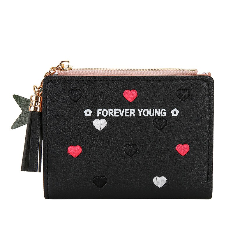 Wallet Women Newest Heart Tassel Leather Wallet Female Wallet Zipper Solid Lady Purse Card Holder Bag: black