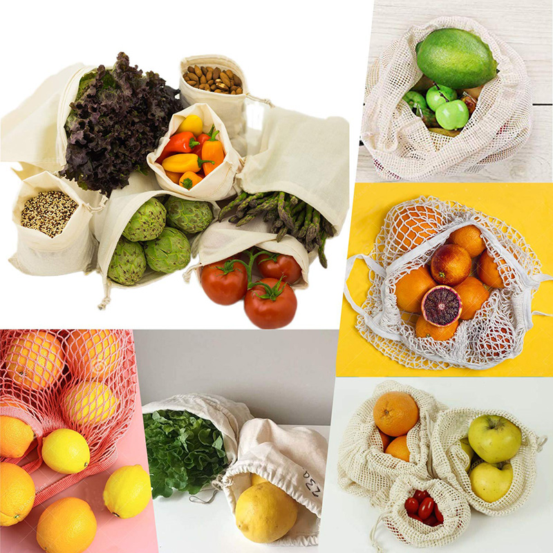 Genanvendelige indkøbsposer 100%  bomuldsgrøntsagsfrugter opbevaringsposer 12 stk mesh indkøbsposer til indkøbsprodukter til kvinder vaskbare poser