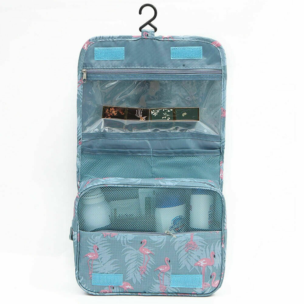 Women Travel Cosmetic Bag Makeup Bag Hanging Folding Toiletries Organizer Waterproof Storage Neceser Bathroom Toiletry Wash Bags: Blue Flamingo