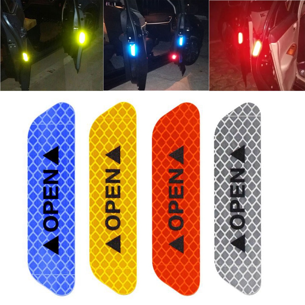 Auto Deur Stickers Veiligheidswaarschuwing Teken Open Reflecterende Tape Motorhelm Sticker Waarschuwing Lichtgevende 4 Stks/set