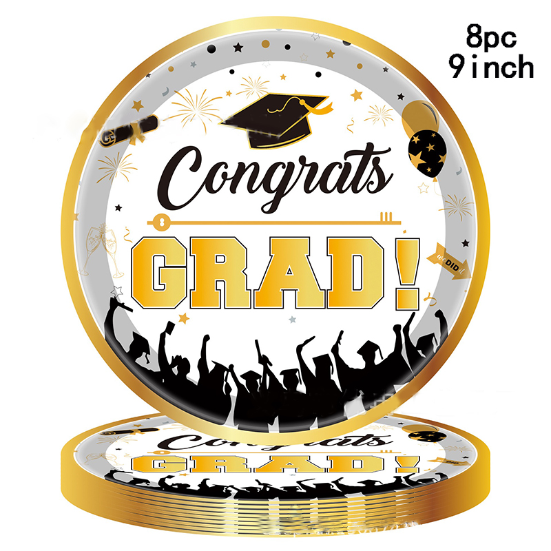 8Guests Gold Graduation Theme Disposable Tableware Congrates Grad Napkin Plate Class Of Happy Graduation Party Supplies: Fluorescence Yellow