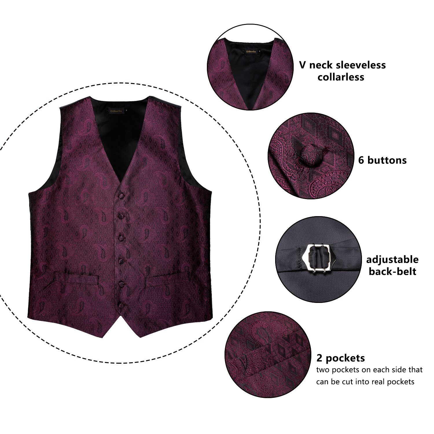 Mens Silk Waistcoat Vest Classic Red Paisley Suit Vest Jacquard Folral Handkerchief BowTie Handkerchief Set Barry.Wang