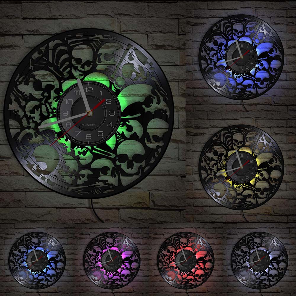 Horloge murale tête squelette mort disque vinyle | Horloge murale faite de disque vinyle, Vintage, crânes pilées, décoration murale Art Halloween horreur: With LED