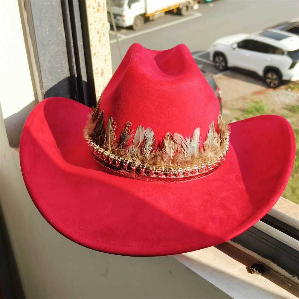 ethnic Vegan Suede Cowboy Hat wide brim feather Cowgirl hat party Western Cowboy hat Cattleman Style knight hat: Dark Grey