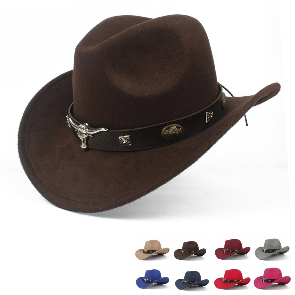 Barn barn ull ihålig western cowboyhatt roll-up brim pojke tjej svart sombrero hombre jazz keps storlek 52-54