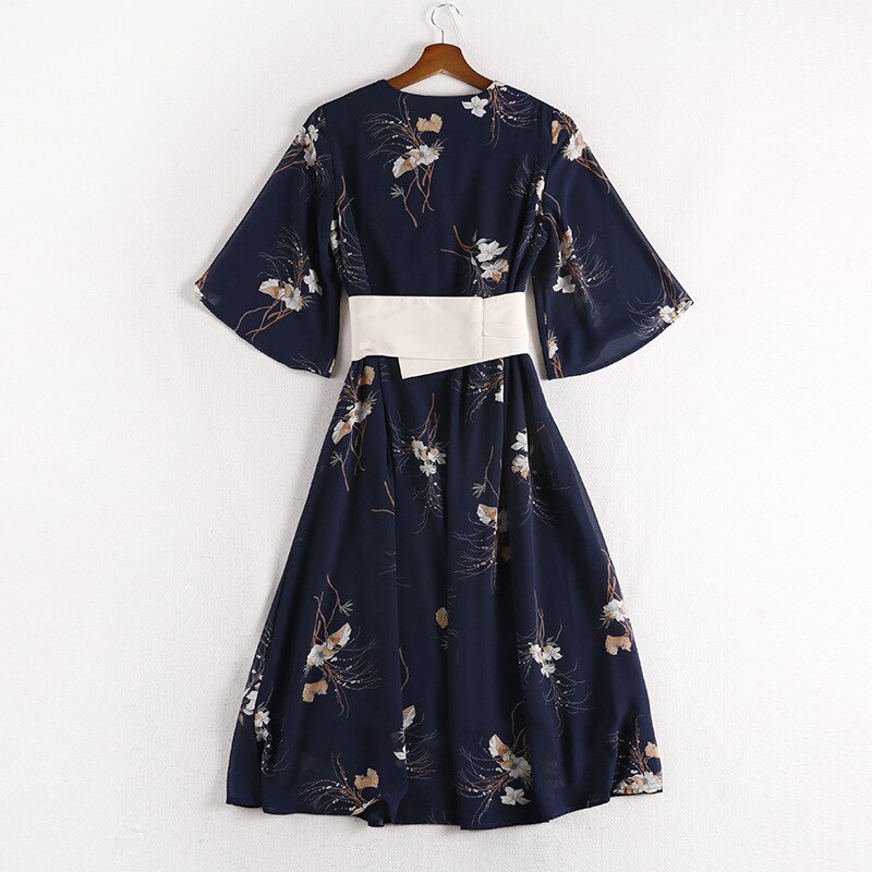 5XL Japanese Traditional Kimono Dress Women Girls Yukata Streetwear Belt Floral Print Plus Size V Neck Vintage Style Obi Navy