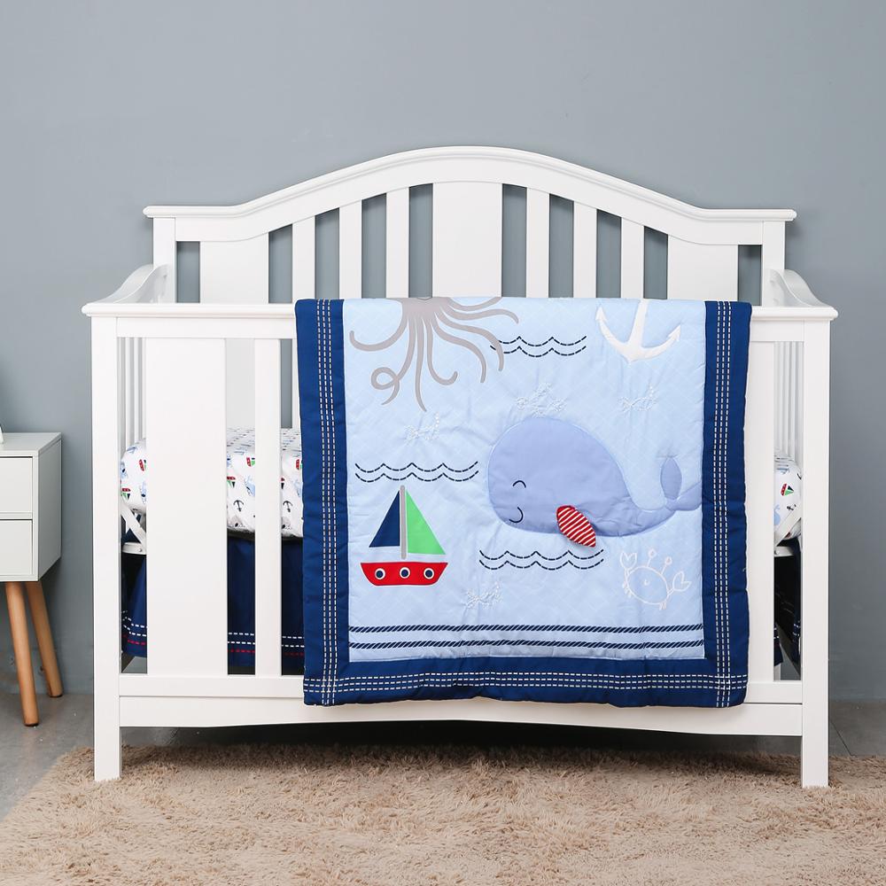 3pcs Whale Baby Crib Toddler Baby Sheets Nursery Bedding Safely Product Bed Cot Sets ,Fitted Sheet, Crib Quilt, Dust Ruffle