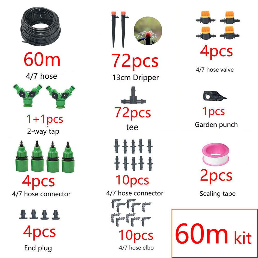 1/4" Hose Drip Irrigation System 360 Degree Adjustable 8 Hole Sprinkler Kit Garden Watering Inserting Ground Micro Flow Dripper: 60M