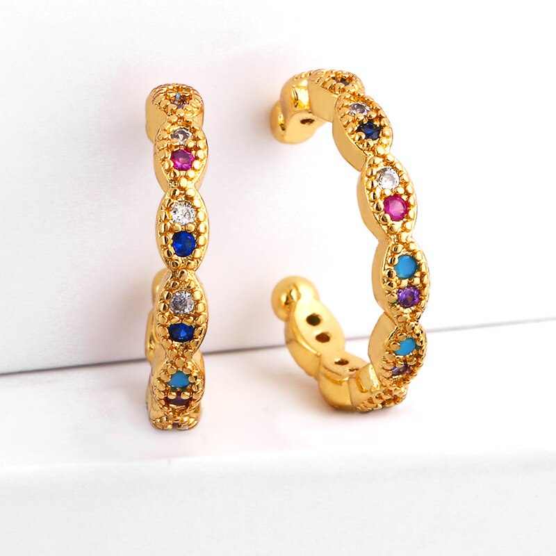 Small Cuff Earrings for Women Rianbow Zircon Half Circle Clip Earrings CZ Crystal Ear Cuffs Gold No Pierced Jewelry H40: 2