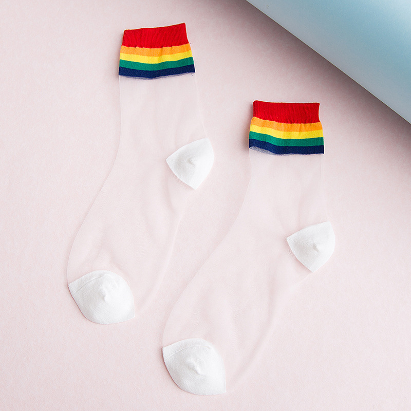 rainbow stripe Transparent Silk Socks Women Ultra-thin spring summer socks style Japan Glass fiber Invisible socks: 4