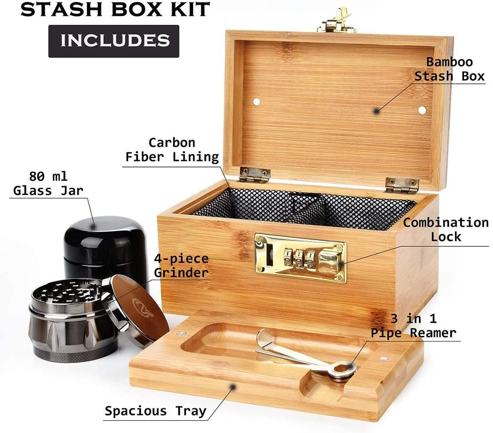 Stash Box Combo - Accessories Kit, Locking Wooden Box with Grinder, UV ...