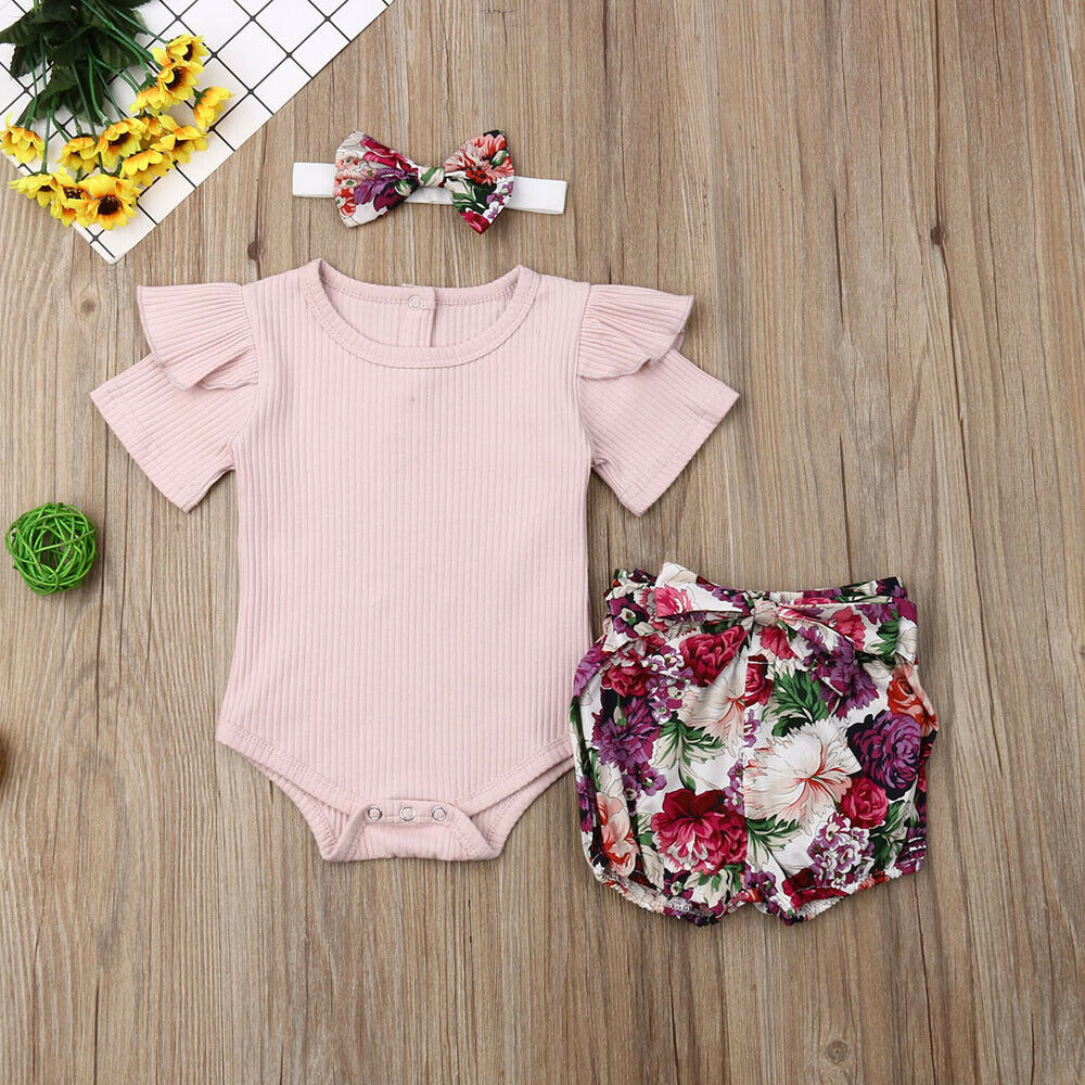 Baby Zomer Kleding Pasgeboren Baby Baby Meisje Jongens Kleding Sets Solid Geribbelde Romper + Bloemen Pp Shorts + Hoofdband 3Pcs Outfit