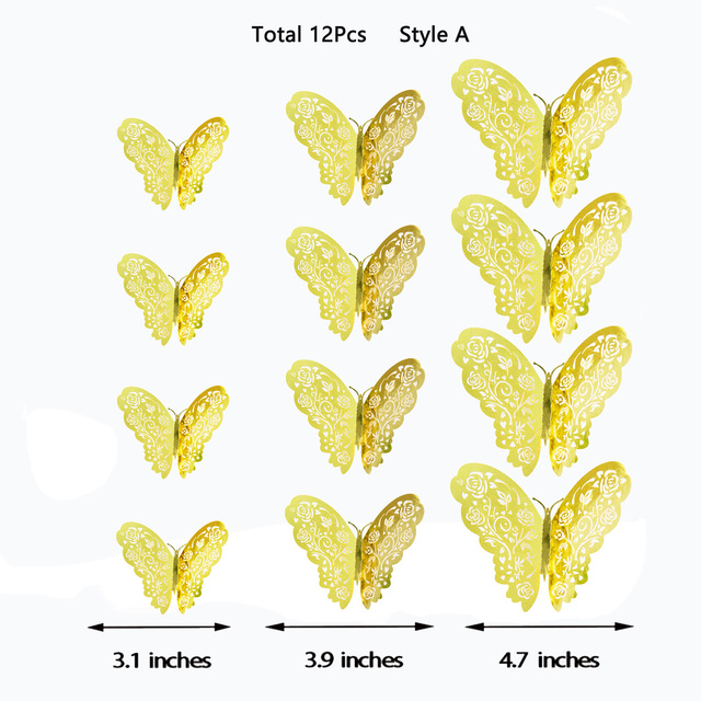 3D Royal Blue Hollow Paper Rose Flower Butterfly Wall Sticker Living Home Decoration Wedding Butterflies Decals: Gold Style A