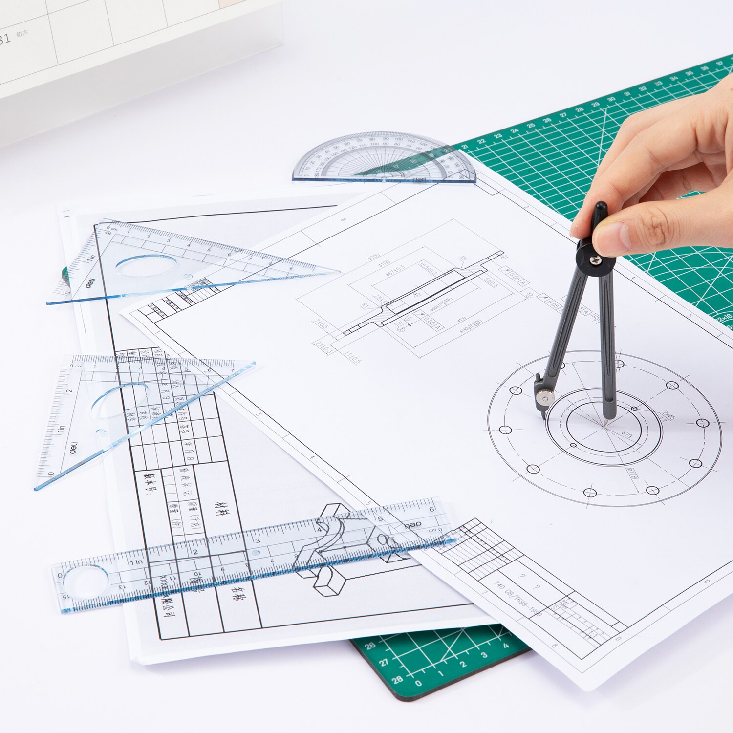 Deli E9609 School Drafting/School Drafting - Drafting set 6pcs Ruler Set Squares Protractor Compass 15cm Transparent