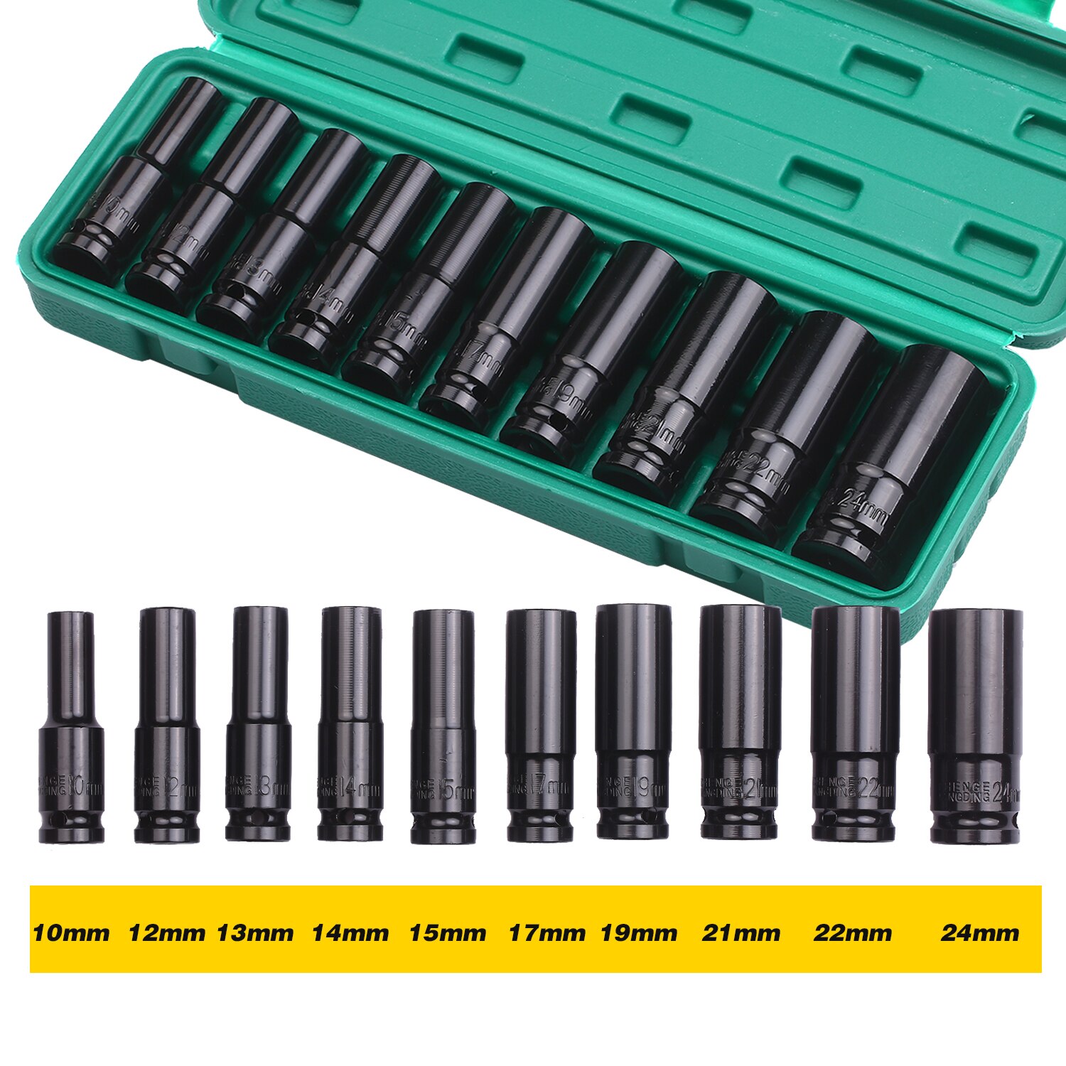 1/2Inch Drive Hex Impact Socket Set 10-Piece Deep Socket Metric Sizes 10-24mm Carbon Steel with Hard Storage Box